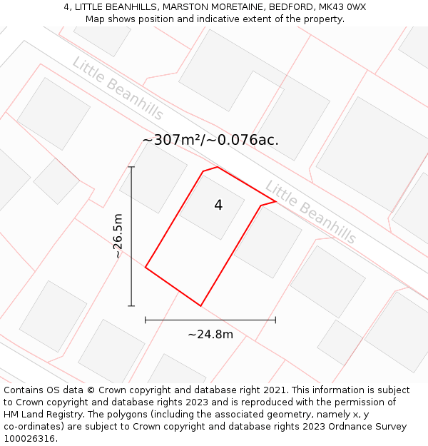 4, LITTLE BEANHILLS, MARSTON MORETAINE, BEDFORD, MK43 0WX: Plot and title map