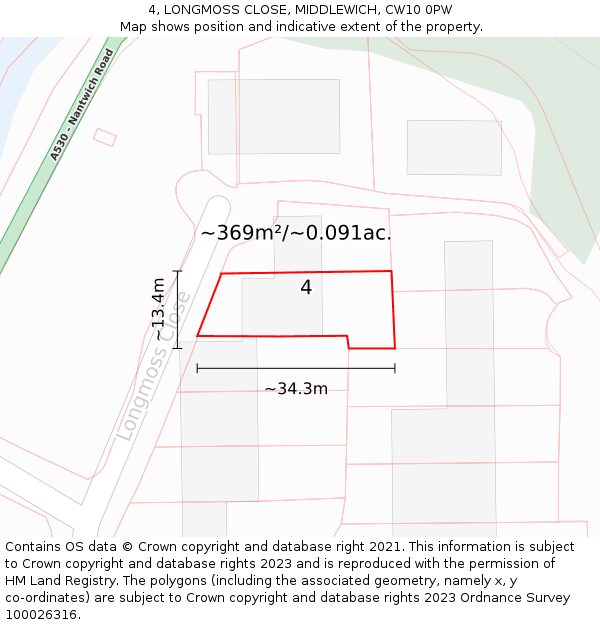 4, LONGMOSS CLOSE, MIDDLEWICH, CW10 0PW: Plot and title map