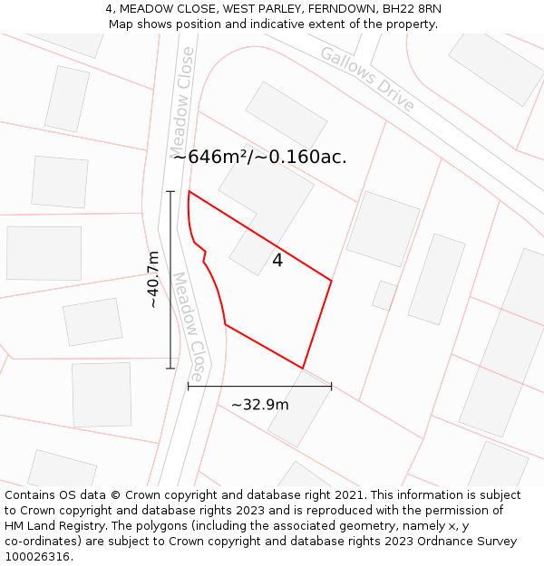 4, MEADOW CLOSE, WEST PARLEY, FERNDOWN, BH22 8RN: Plot and title map