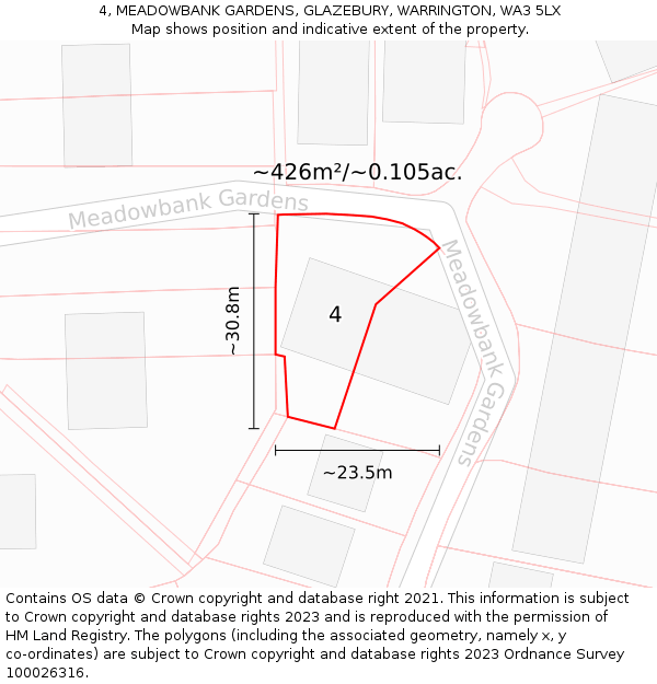 4, MEADOWBANK GARDENS, GLAZEBURY, WARRINGTON, WA3 5LX: Plot and title map