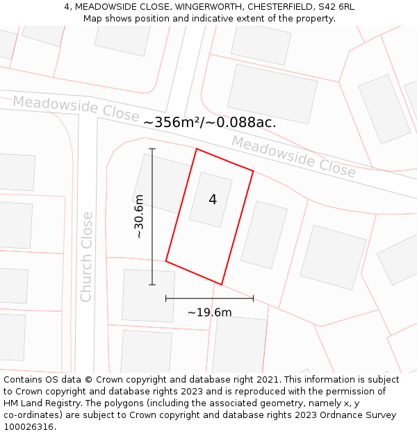 4, MEADOWSIDE CLOSE, WINGERWORTH, CHESTERFIELD, S42 6RL: Plot and title map