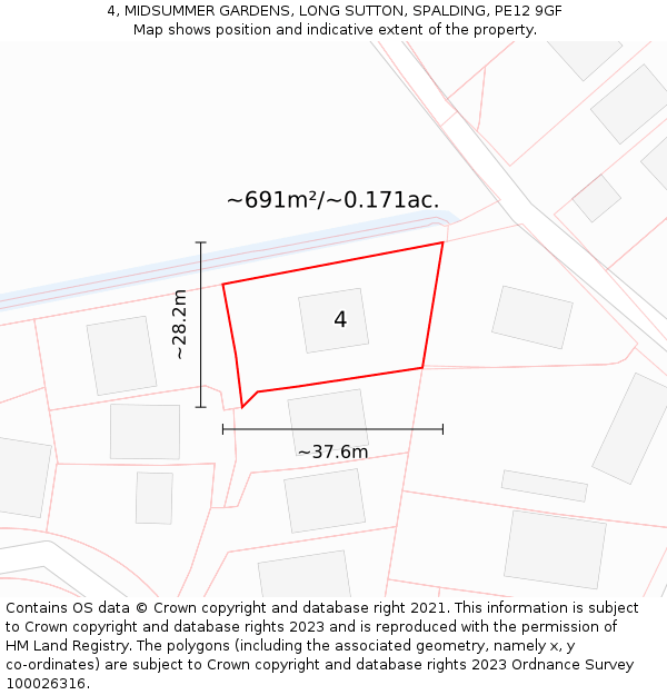 4, MIDSUMMER GARDENS, LONG SUTTON, SPALDING, PE12 9GF: Plot and title map