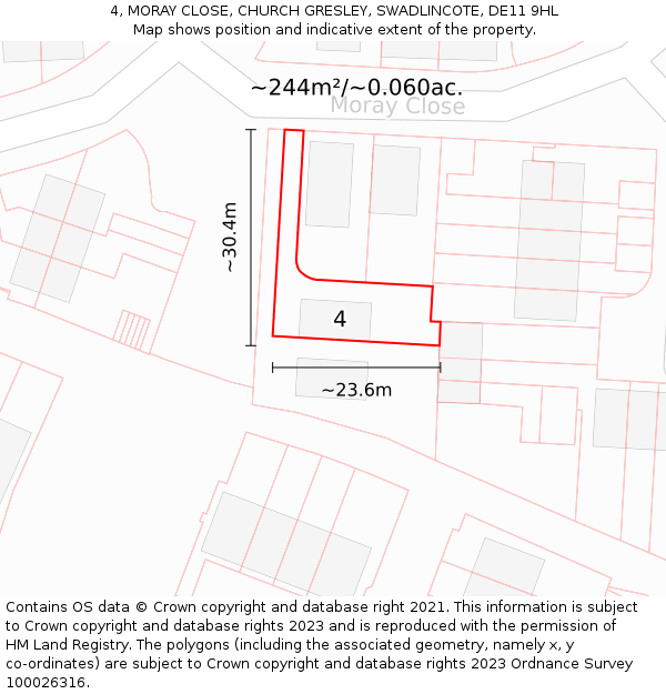 4, MORAY CLOSE, CHURCH GRESLEY, SWADLINCOTE, DE11 9HL: Plot and title map