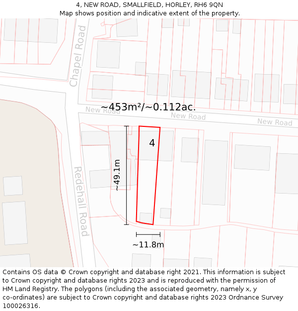 4, NEW ROAD, SMALLFIELD, HORLEY, RH6 9QN: Plot and title map