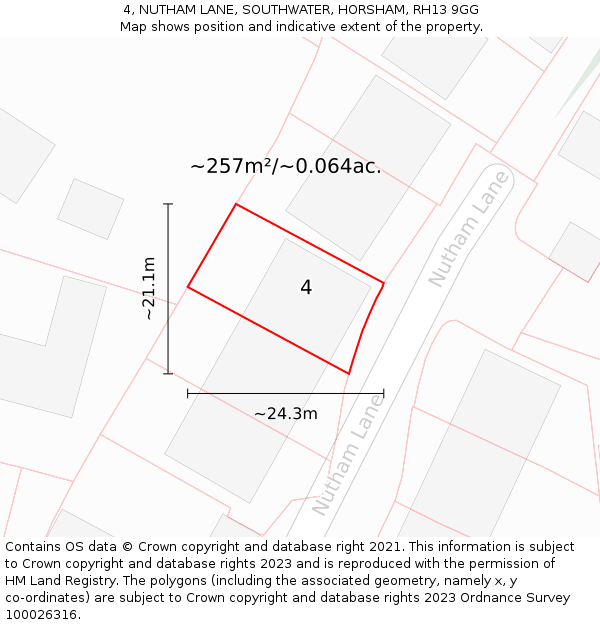 4, NUTHAM LANE, SOUTHWATER, HORSHAM, RH13 9GG: Plot and title map