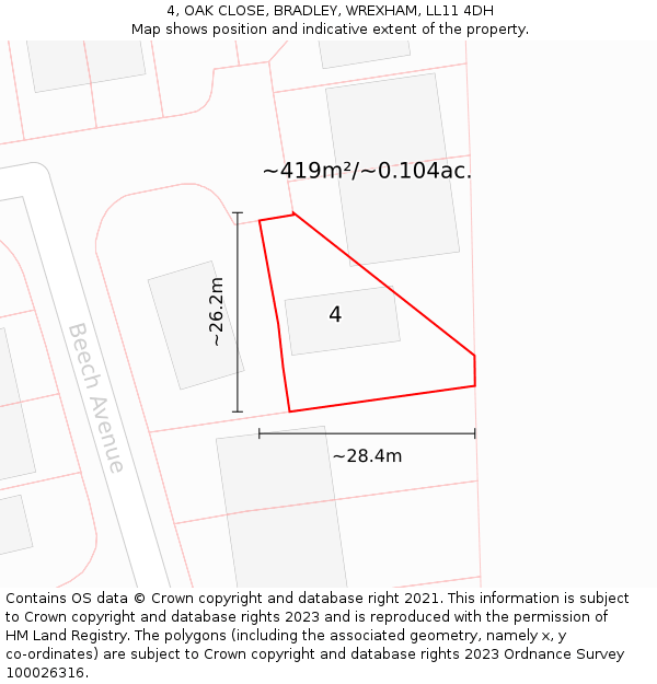 4, OAK CLOSE, BRADLEY, WREXHAM, LL11 4DH: Plot and title map