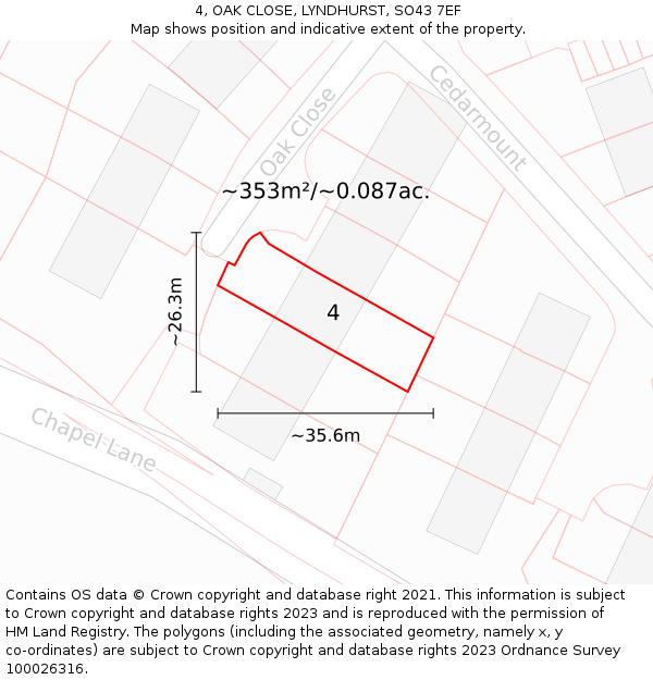 4, OAK CLOSE, LYNDHURST, SO43 7EF: Plot and title map