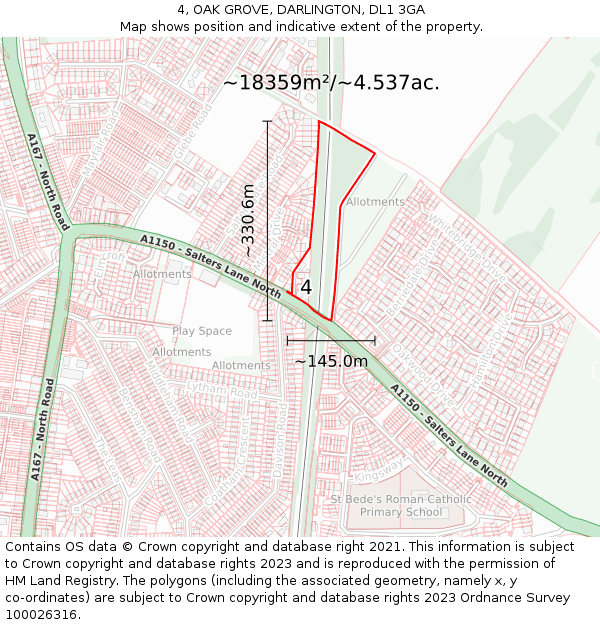 4, OAK GROVE, DARLINGTON, DL1 3GA: Plot and title map