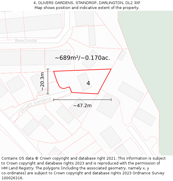 4, OLIVERS GARDENS, STAINDROP, DARLINGTON, DL2 3XF: Plot and title map