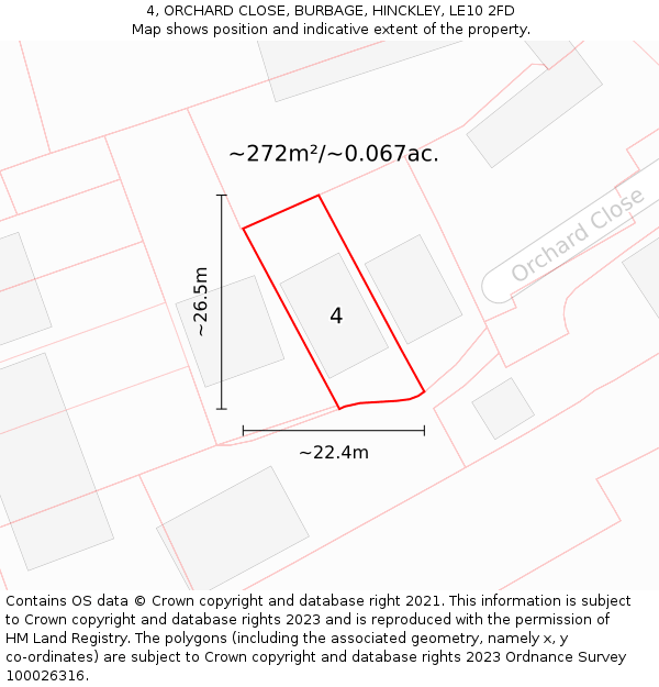 4, ORCHARD CLOSE, BURBAGE, HINCKLEY, LE10 2FD: Plot and title map