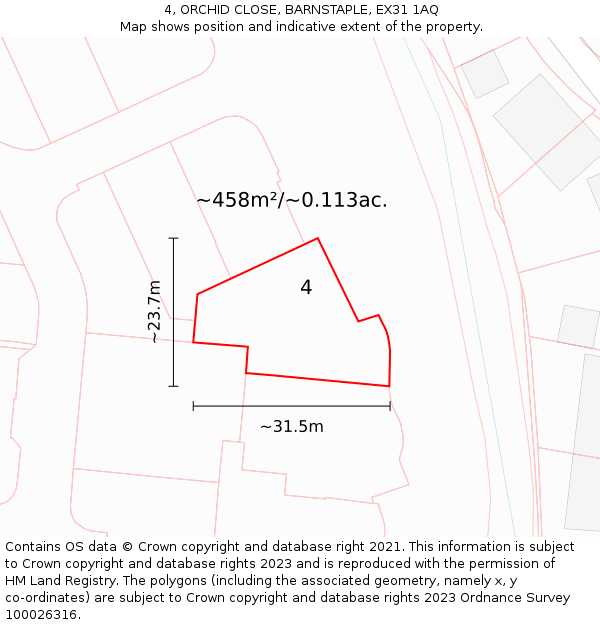 4, ORCHID CLOSE, BARNSTAPLE, EX31 1AQ: Plot and title map