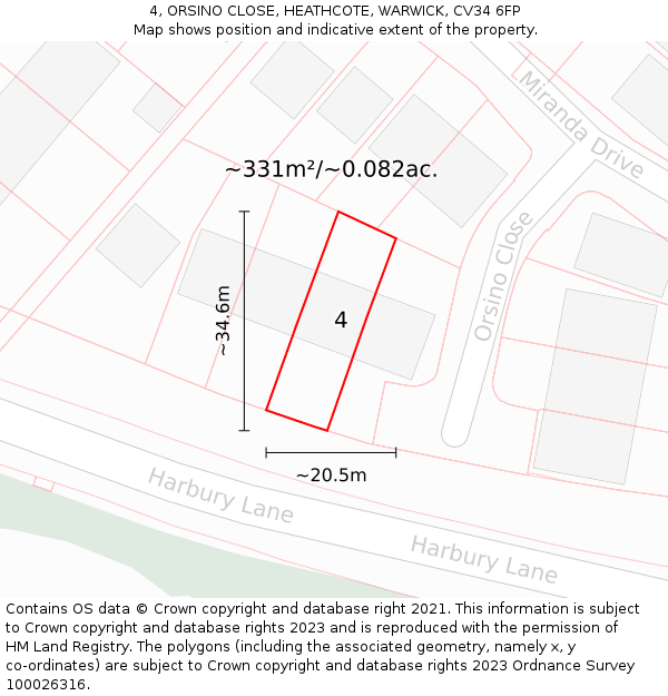 4, ORSINO CLOSE, HEATHCOTE, WARWICK, CV34 6FP: Plot and title map