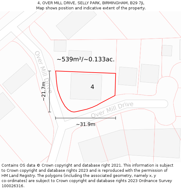 4, OVER MILL DRIVE, SELLY PARK, BIRMINGHAM, B29 7JL: Plot and title map