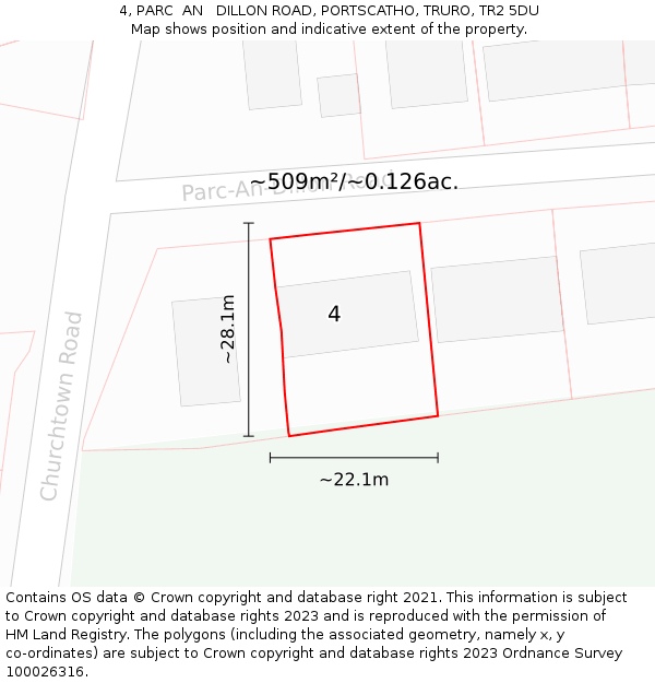 4, PARC  AN   DILLON ROAD, PORTSCATHO, TRURO, TR2 5DU: Plot and title map