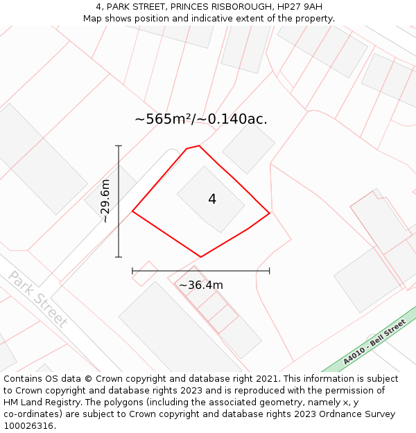 4, PARK STREET, PRINCES RISBOROUGH, HP27 9AH: Plot and title map