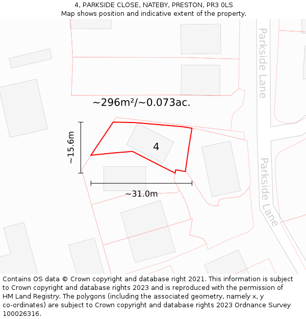 4, PARKSIDE CLOSE, NATEBY, PRESTON, PR3 0LS: Plot and title map