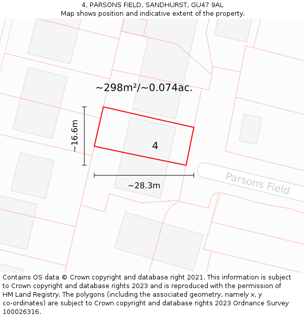 4, PARSONS FIELD, SANDHURST, GU47 9AL: Plot and title map