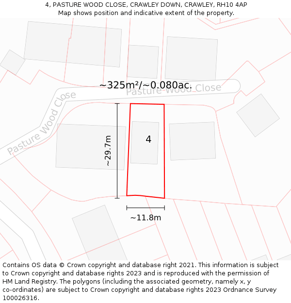 4, PASTURE WOOD CLOSE, CRAWLEY DOWN, CRAWLEY, RH10 4AP: Plot and title map