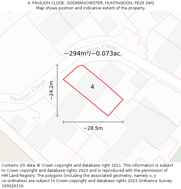 4, PAVILION CLOSE, GODMANCHESTER, HUNTINGDON, PE29 2WQ: Plot and title map