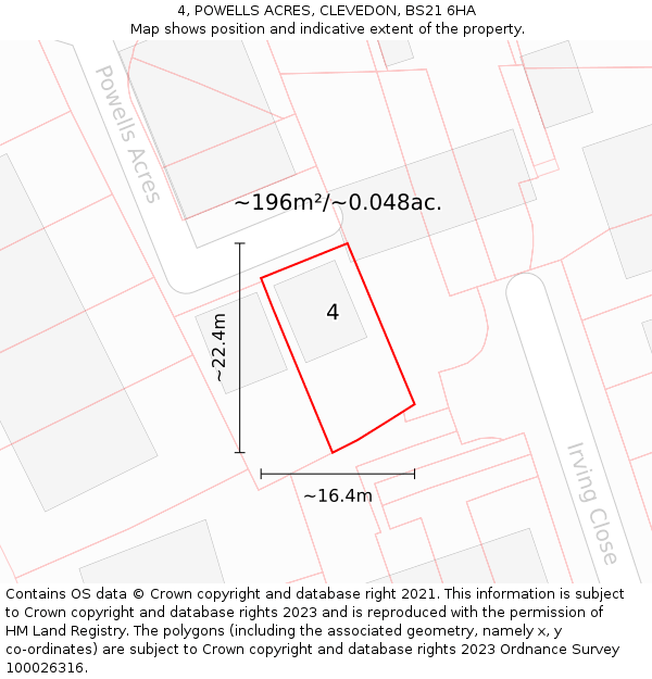 4, POWELLS ACRES, CLEVEDON, BS21 6HA: Plot and title map