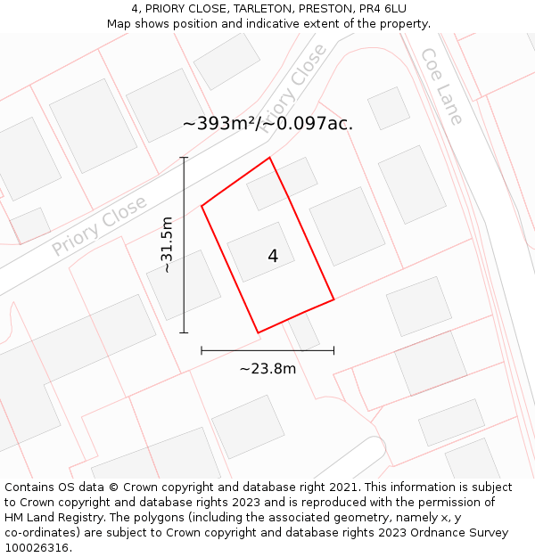 4, PRIORY CLOSE, TARLETON, PRESTON, PR4 6LU: Plot and title map