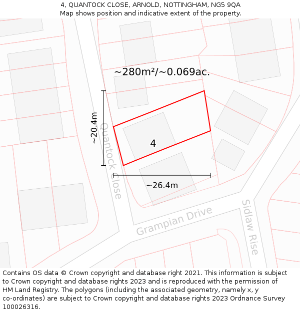 4, QUANTOCK CLOSE, ARNOLD, NOTTINGHAM, NG5 9QA: Plot and title map