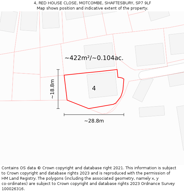 4, RED HOUSE CLOSE, MOTCOMBE, SHAFTESBURY, SP7 9LF: Plot and title map