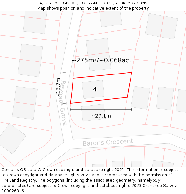 4, REYGATE GROVE, COPMANTHORPE, YORK, YO23 3YN: Plot and title map