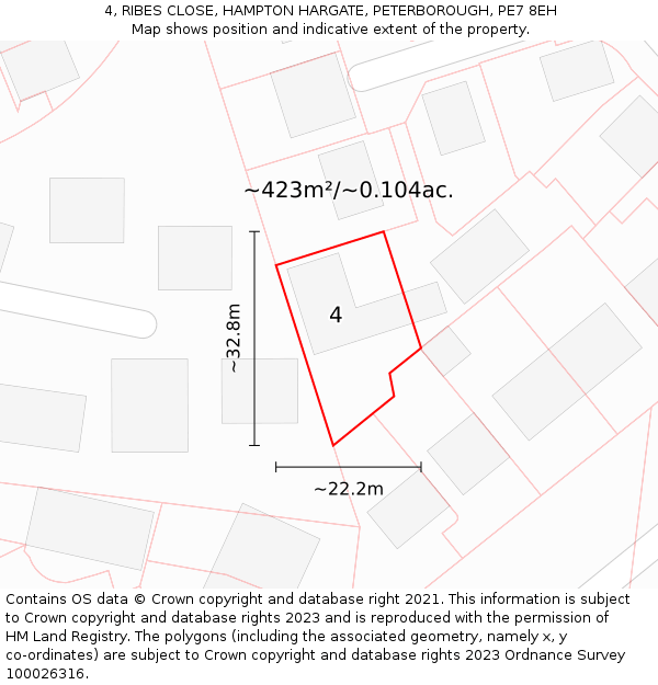 4, RIBES CLOSE, HAMPTON HARGATE, PETERBOROUGH, PE7 8EH: Plot and title map