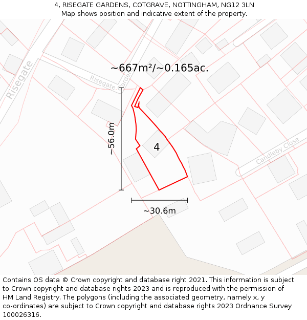 4, RISEGATE GARDENS, COTGRAVE, NOTTINGHAM, NG12 3LN: Plot and title map