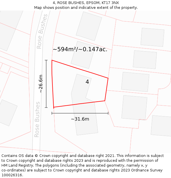 4, ROSE BUSHES, EPSOM, KT17 3NX: Plot and title map