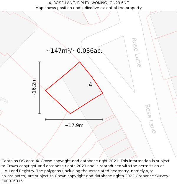 4, ROSE LANE, RIPLEY, WOKING, GU23 6NE: Plot and title map