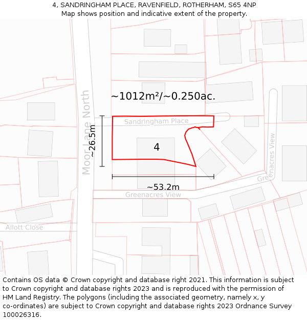 4, SANDRINGHAM PLACE, RAVENFIELD, ROTHERHAM, S65 4NP: Plot and title map
