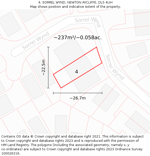 4, SORREL WYND, NEWTON AYCLIFFE, DL5 4UH: Plot and title map