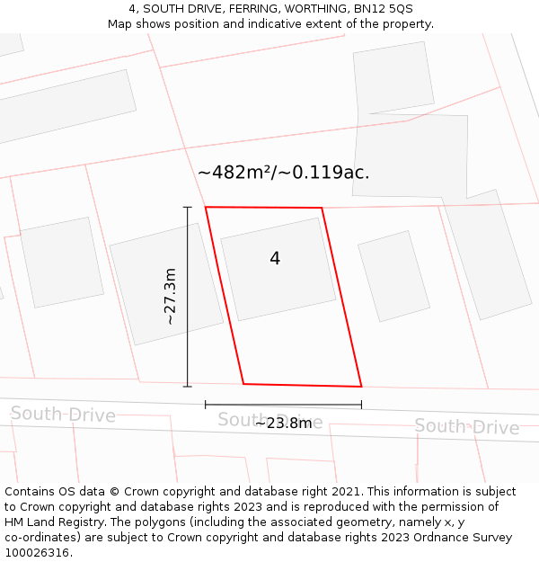 4, SOUTH DRIVE, FERRING, WORTHING, BN12 5QS: Plot and title map