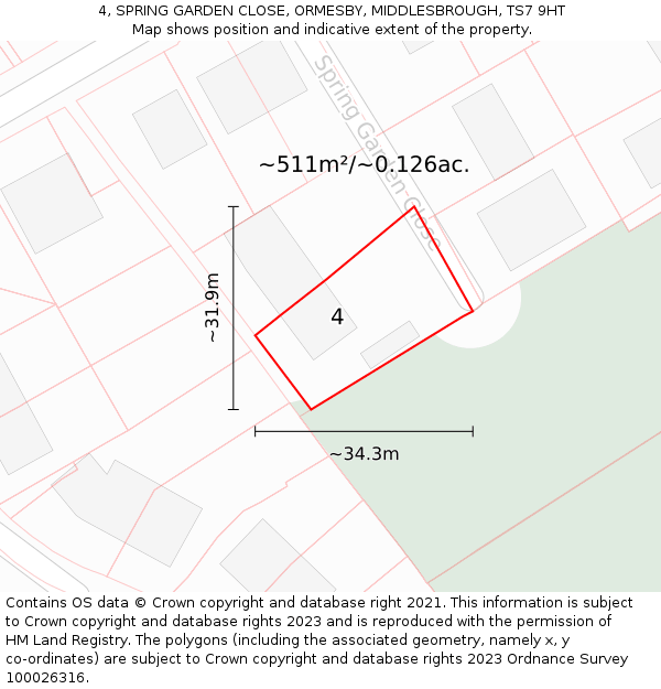 4, SPRING GARDEN CLOSE, ORMESBY, MIDDLESBROUGH, TS7 9HT: Plot and title map