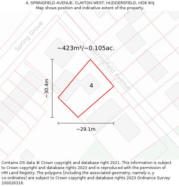 4, SPRINGFIELD AVENUE, CLAYTON WEST, HUDDERSFIELD, HD8 9HJ: Plot and title map