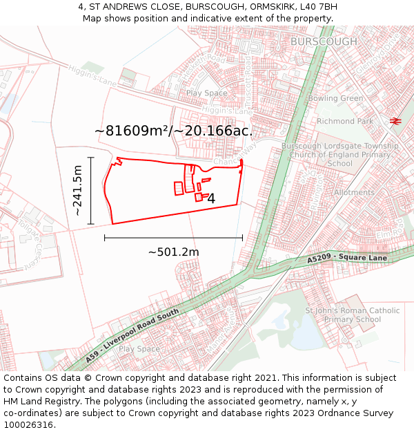 4, ST ANDREWS CLOSE, BURSCOUGH, ORMSKIRK, L40 7BH: Plot and title map