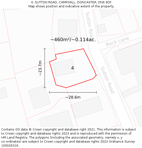 4, SUTTON ROAD, CAMPSALL, DONCASTER, DN6 9DF: Plot and title map