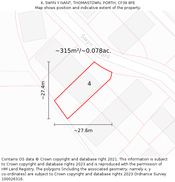 4, SWYN Y NANT, THOMASTOWN, PORTH, CF39 8FE: Plot and title map