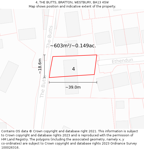 4, THE BUTTS, BRATTON, WESTBURY, BA13 4SW: Plot and title map