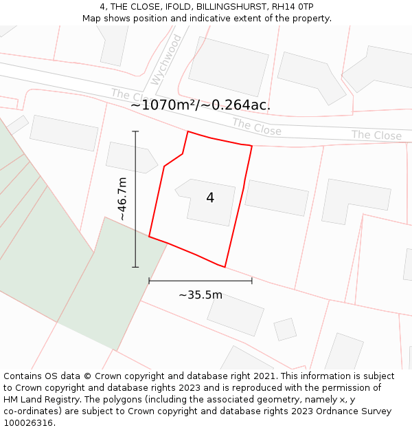 4, THE CLOSE, IFOLD, BILLINGSHURST, RH14 0TP: Plot and title map