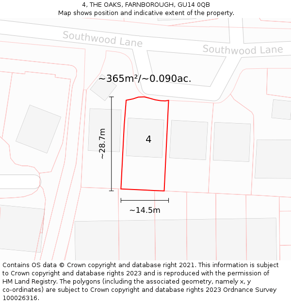 4, THE OAKS, FARNBOROUGH, GU14 0QB: Plot and title map