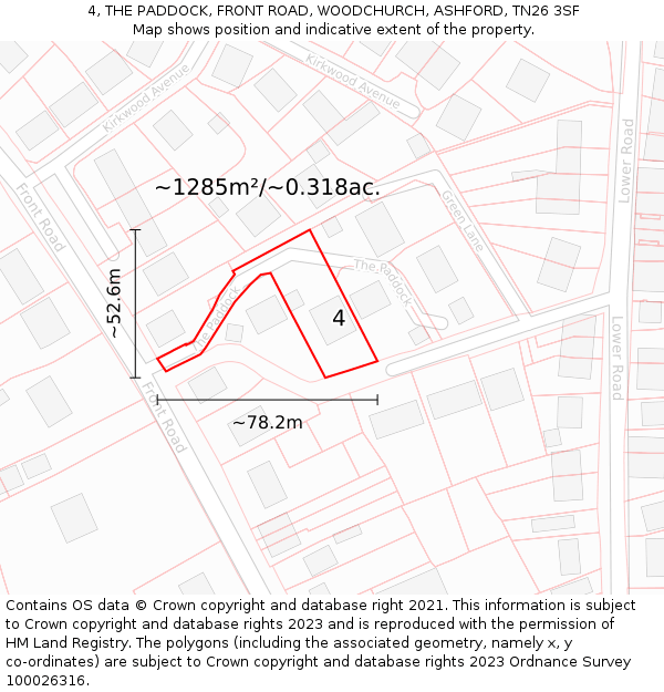 4, THE PADDOCK, FRONT ROAD, WOODCHURCH, ASHFORD, TN26 3SF: Plot and title map