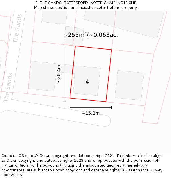 4, THE SANDS, BOTTESFORD, NOTTINGHAM, NG13 0HP: Plot and title map