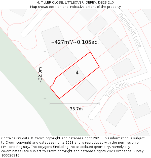 4, TILLER CLOSE, LITTLEOVER, DERBY, DE23 2UX: Plot and title map