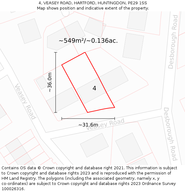 4, VEASEY ROAD, HARTFORD, HUNTINGDON, PE29 1SS: Plot and title map