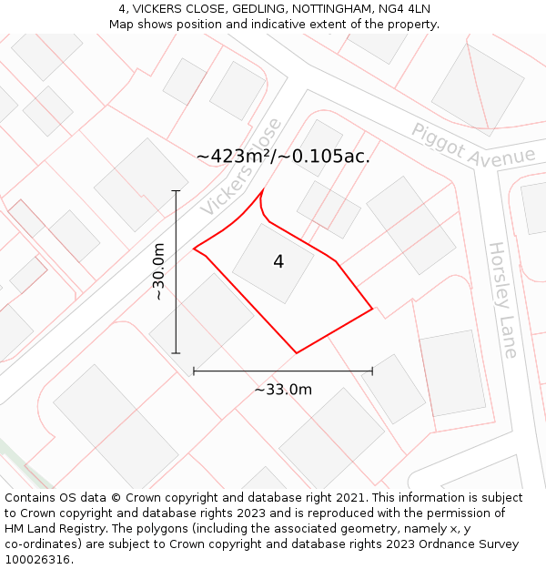 4, VICKERS CLOSE, GEDLING, NOTTINGHAM, NG4 4LN: Plot and title map