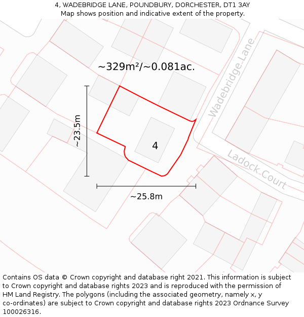 4, WADEBRIDGE LANE, POUNDBURY, DORCHESTER, DT1 3AY: Plot and title map