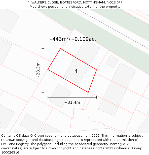 4, WALKERS CLOSE, BOTTESFORD, NOTTINGHAM, NG13 0FF: Plot and title map